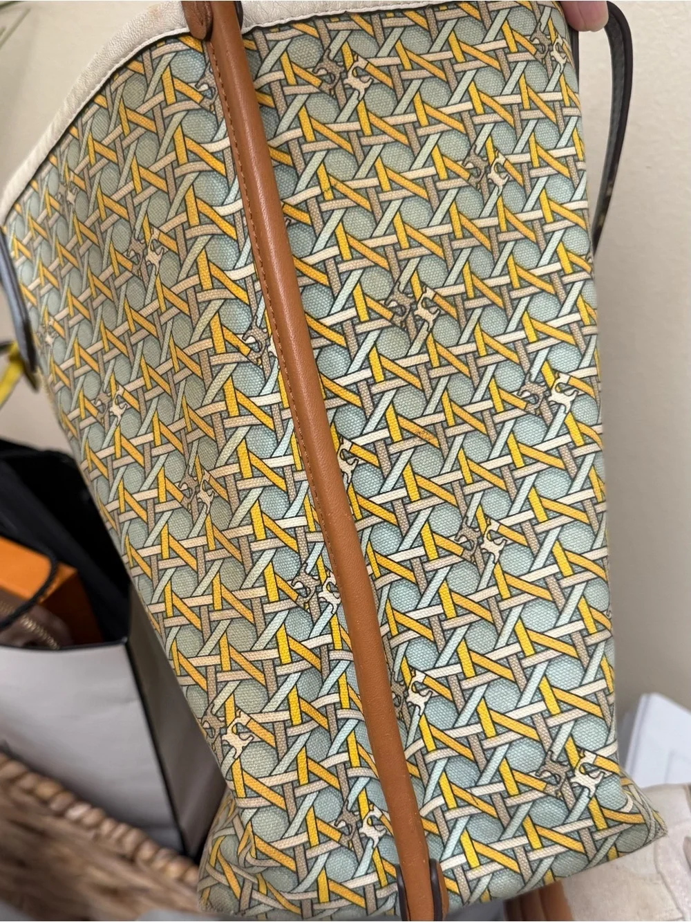 Tory Burch Perry Canvas Tote Bag Purse Weave Large Medium White Blue Yellow